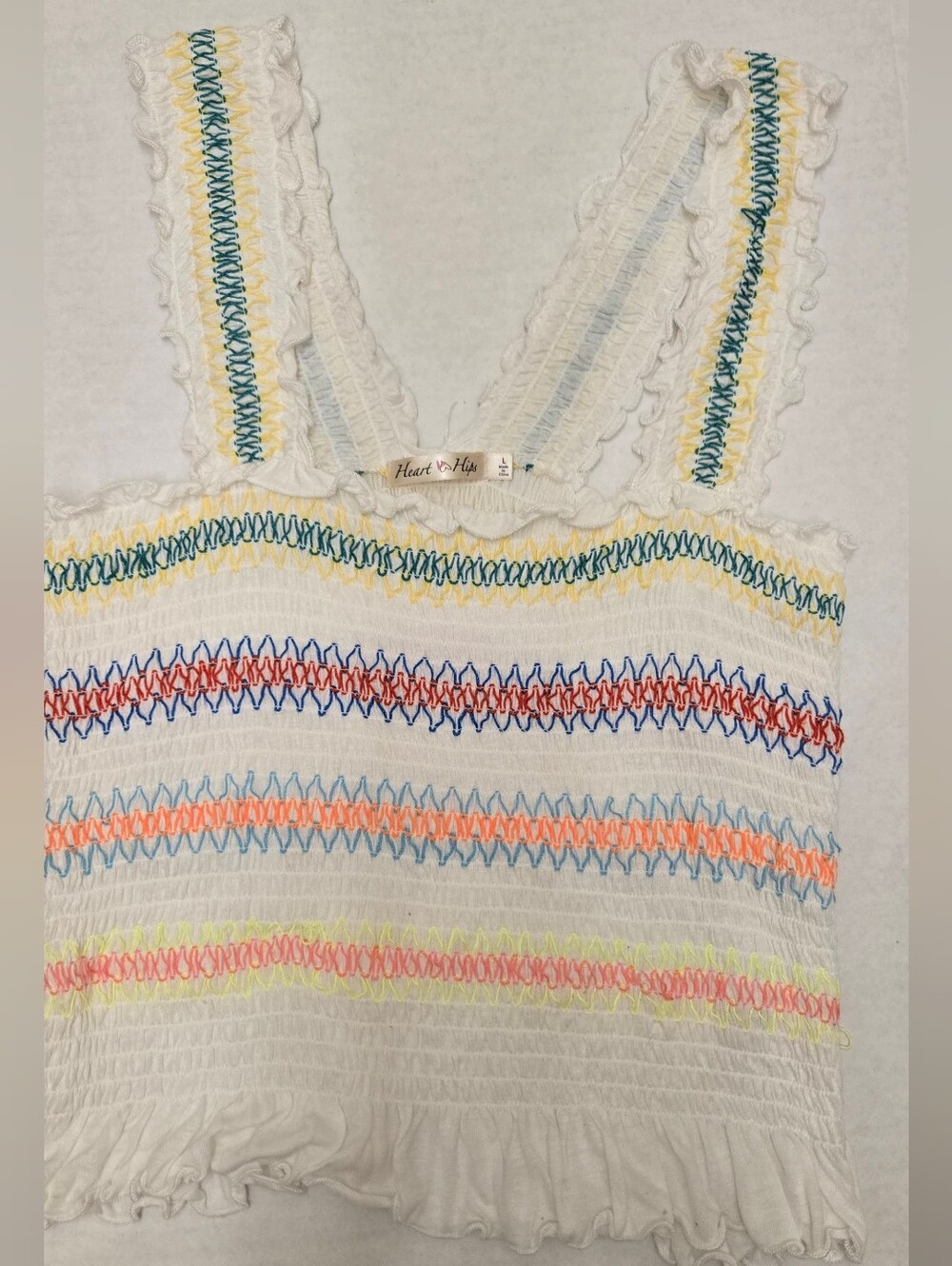 Heart & Hips White Smocked Crop Top with Colorful Embroidery Boho - Size Large